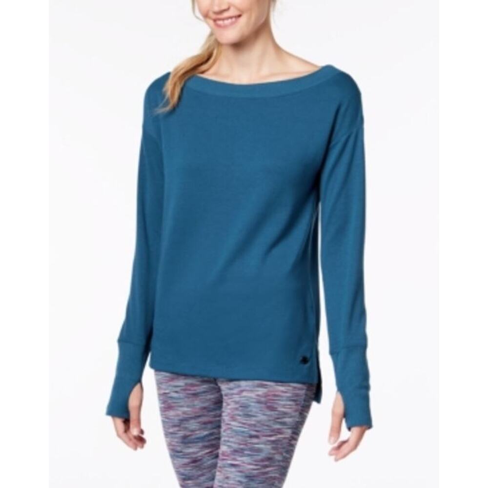 Ideology Womens Sportswear Long Thumbhole Sleeves Hi-Low Hem Top in Teal 2XL $40